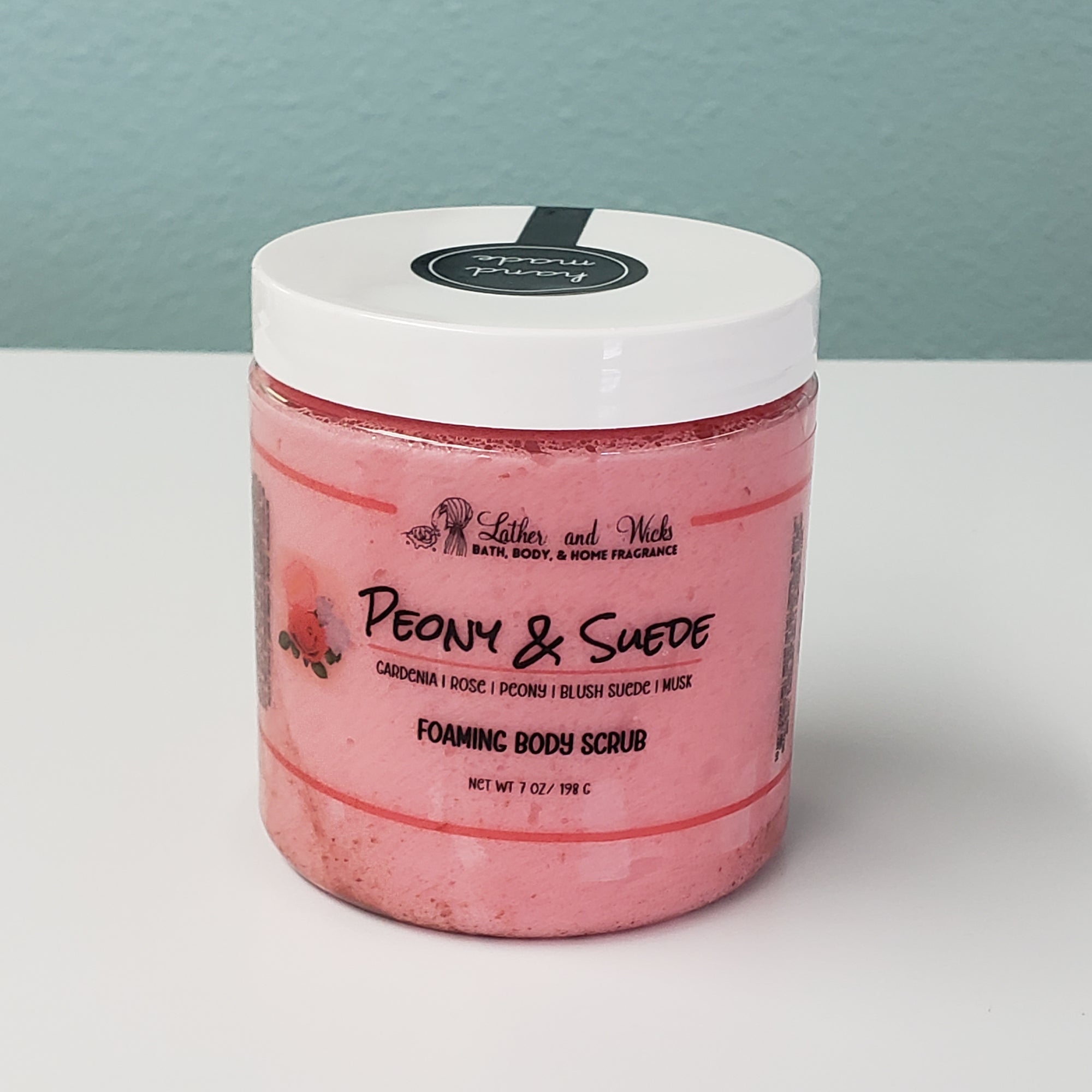 Peony and Suede Foaming Body Scrub Lather and Wicks