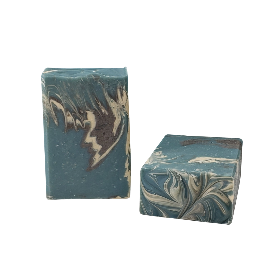 NW Soap Rugged Oak bars unwrapped in blues and grays.