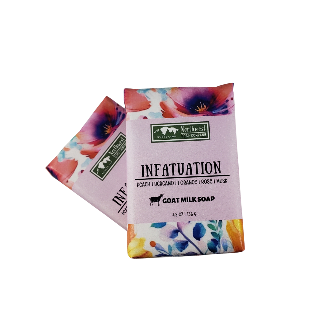 NW Soap Infatuation body bars unwrapped in pink and purples.