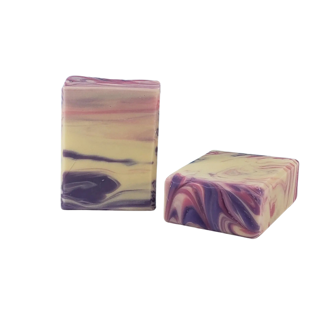 NW Soap Infatuation body bars unwrapped in pink and purples.