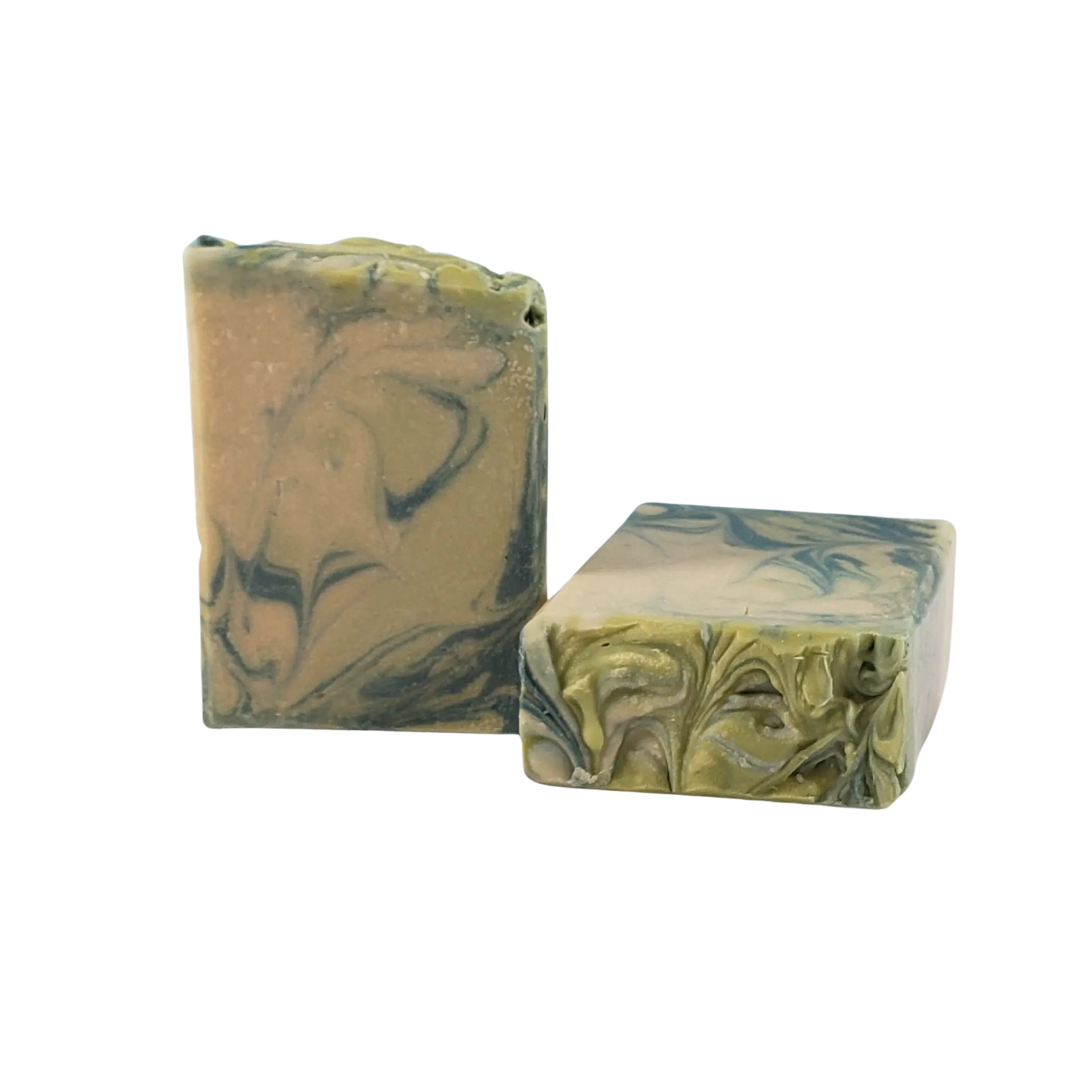 NW Soap Rainforest Gardenia bars unwrapped.  Green and yellow green micas.