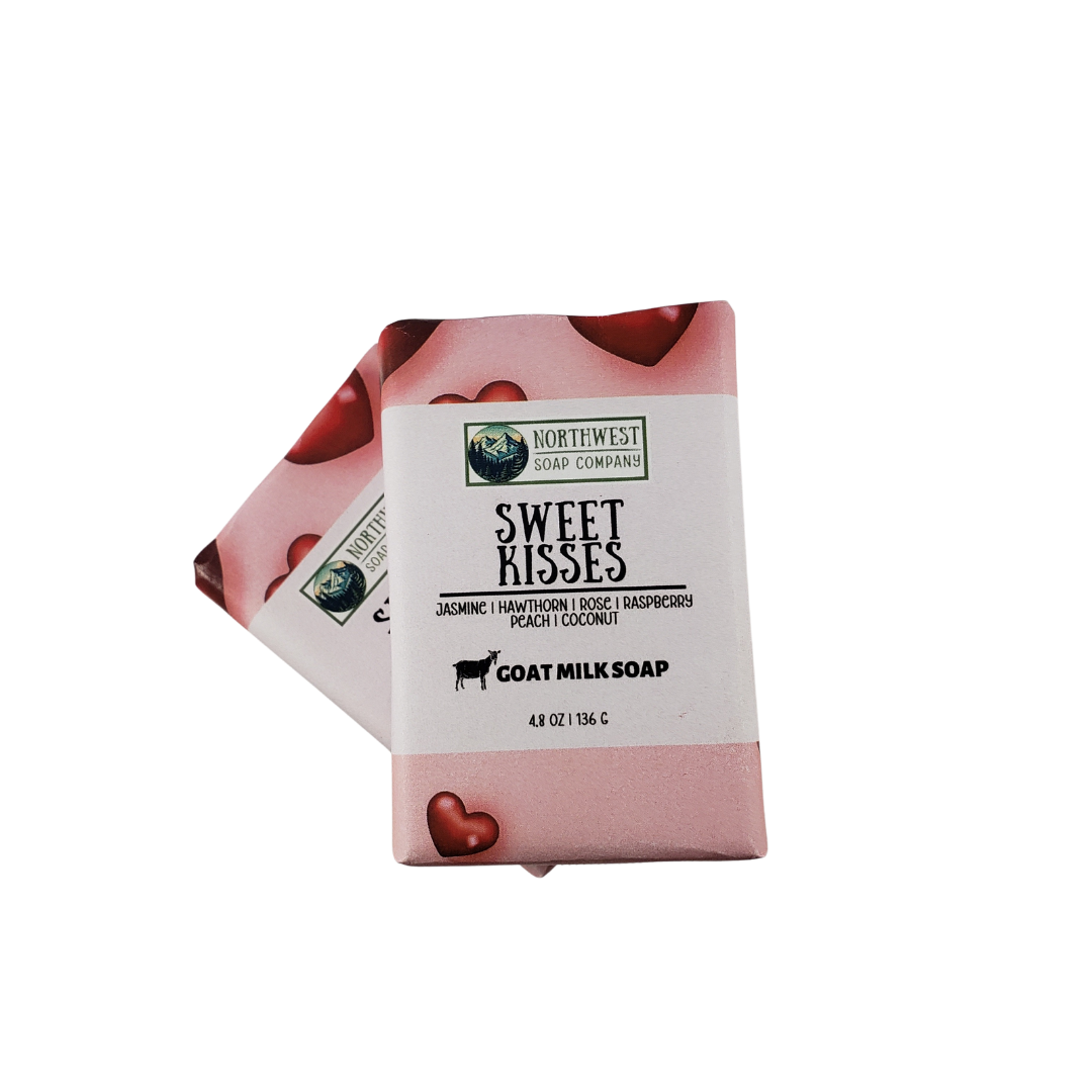 NW Soap wrapped bars of Sweet Kisses in custom printed paper with lips and hearts.