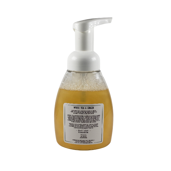 NW Soap Company front of White Tea and Ginger foaming hand soap in a table top foamer bottle. 