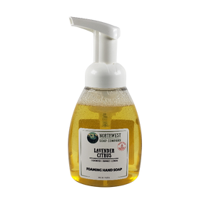 NW Soap Company front of Lavender Citrus foaming hand soap in a table top foamer bottle. 