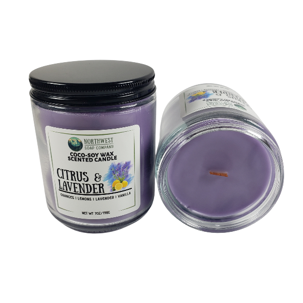 NW Soap Company Citrus & Lavender coconut soy candle with wooden wick in glass jar with black lid. 