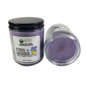 NW Soap Company Citrus & Lavender coconut soy candle with wooden wick in glass jar with black lid. 