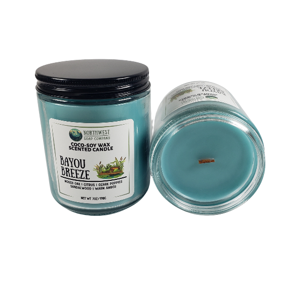 NW Soap Company Bayou Breeze coconut soy candle with wooden wick in glass jar with black lid. 
