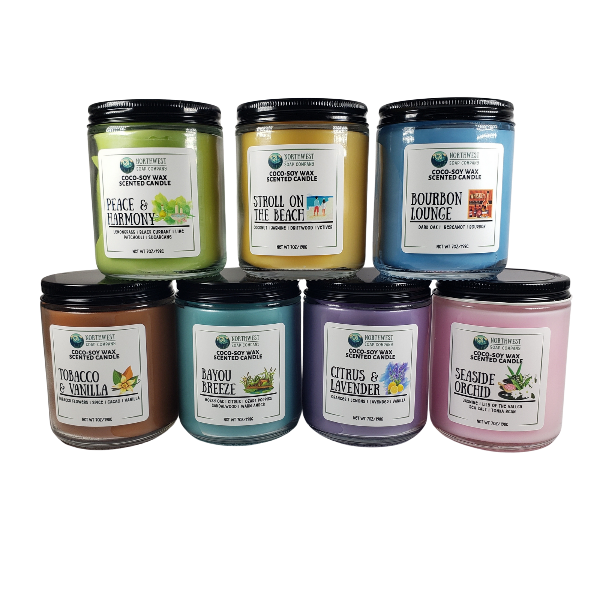 NW Soap Company Simplicity Collection of 7 oz wooden wicked candles.  7 Scents to choose from in glass jars with black lids.