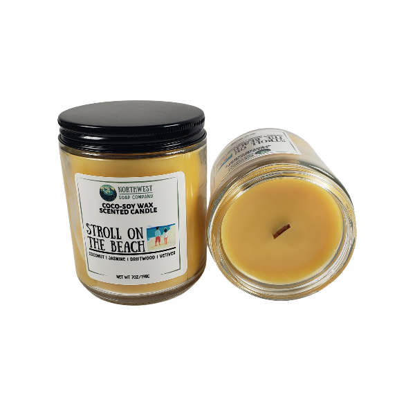 NW Soap Company Stroll on the Beach coconut soy candle with wooden wick in glass jar with black lid. 