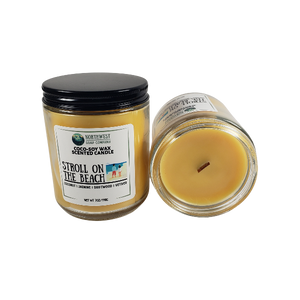 NW Soap Company Stroll on the Beach coconut soy candle with wooden wick in glass jar with black lid. 