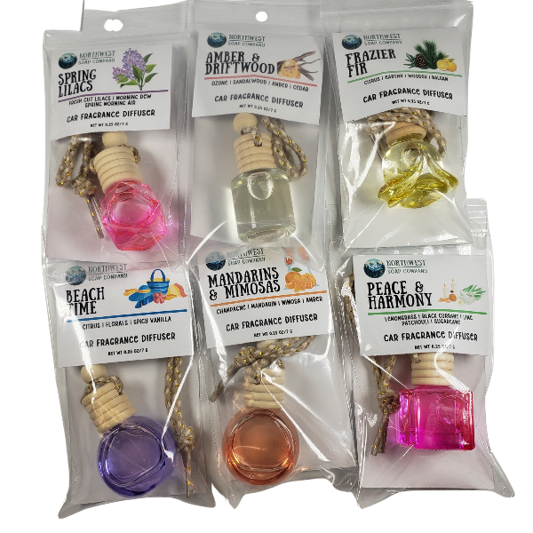 NW Soap Company assorted car diffusers in zip top clear bag packaging.