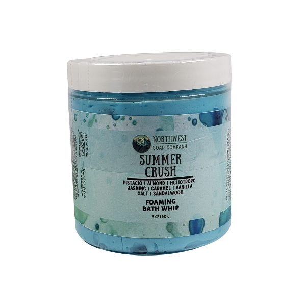 Northwest Soap Company's jars of Foaming Bath Whip and Whipped Dugar Scrub in Summer Crish fragrance and colored turquoise blue.