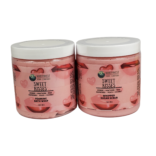 Northwest Soap Company jars of Foaming Bath Whip and Whipped Sugar Scrub in recyclable jars.  Scented in Sweet Kisses fragrance and colored pink.