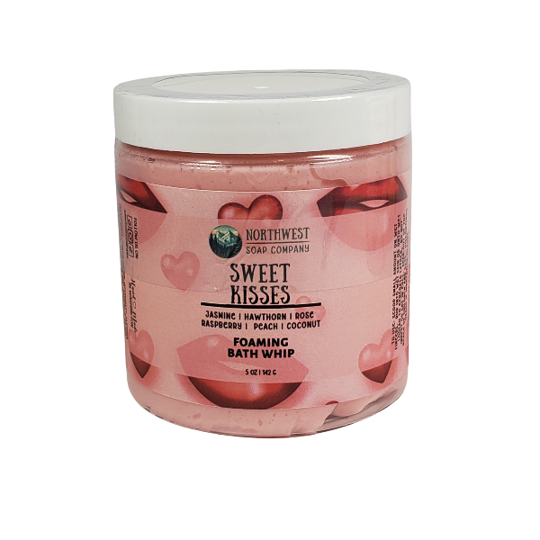 Northwest Soap Company jars of Foaming Bath Whip and Whipped Sugar Scrub in recyclable jars.  Scented in Sweet Kisses fragrance and colored pink.