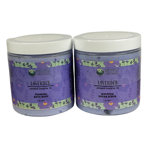 Northwest Soap Company's Lavender Foaming Bath Whip and Whipped Sugar Scrub packaged in a recyclable container and custom label.  Colored in lavender.
