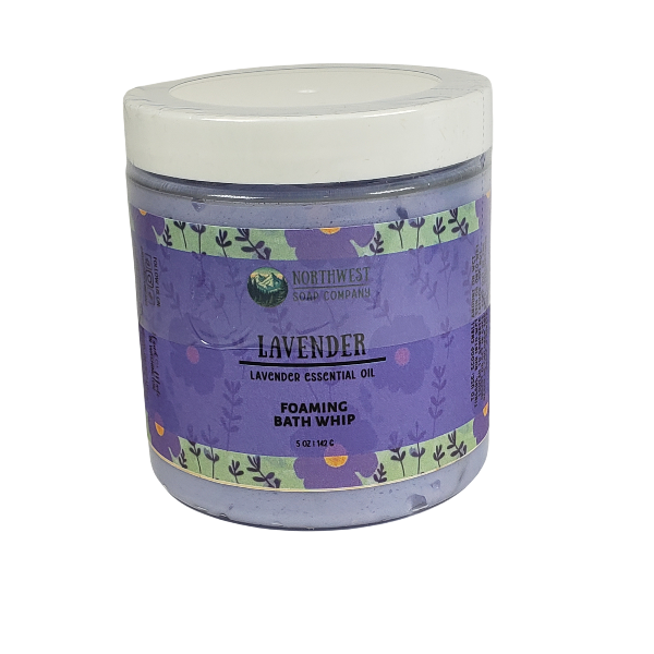 Northwest Soap Company's Lavender Foaming Bath Whip and Whipped Sugar Scrub packaged in a recyclable container and custom label.  Colored in lavender.