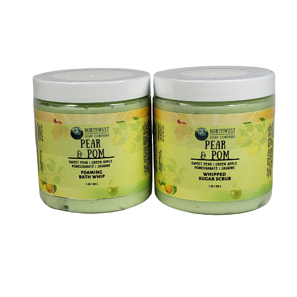 Northwest Soap Company Pear and Pom Foaming Bath Whip and Whipped Sugar Scrub in jars with custom label.  Product is colored green with Pear and Pom fruity scent.