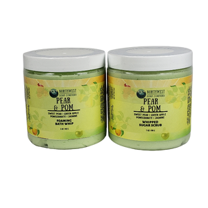Northwest Soap Company Pear and Pom Foaming Bath Whip and Whipped Sugar Scrub in jars with custom label.  Product is colored green with Pear and Pom fruity scent.