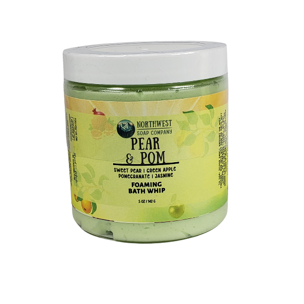Pear and Pom foaming bath whip made by Northwest Soap Company.