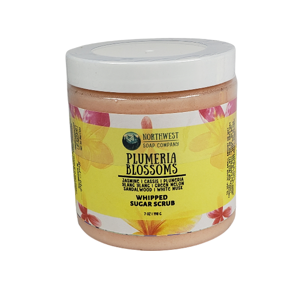 Plumeria Blossoms whipped sugar scrub made by Northwest Soap Company.