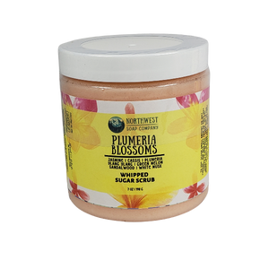 Plumeria Blossoms whipped sugar scrub made by Northwest Soap Company.