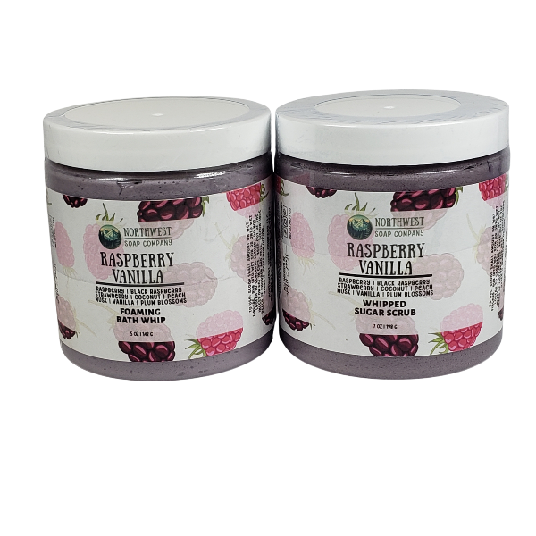 Northwest Soap Company's Raspberry Vanilla Foaming Bath Whip and Whipped Sugar Scrub in jars with custom label.  Product colored dark plum purple.