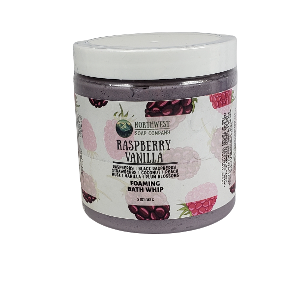 Northwest Soap Company's Raspberry Vanilla Foaming Bath Whip and Whipped Sugar Scrub in jars with custom label.  Product colored dark plum purple.