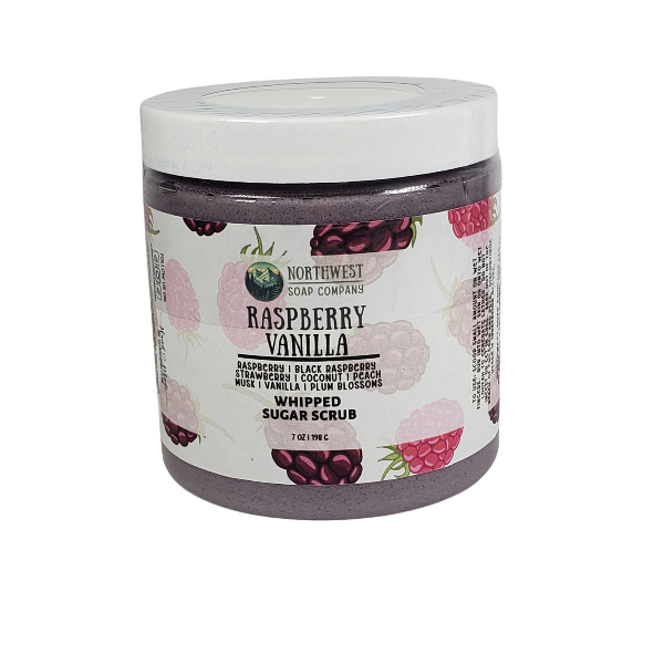 Raspberry Vanilla whipped sugar scrub made by Northwest Soap Company.