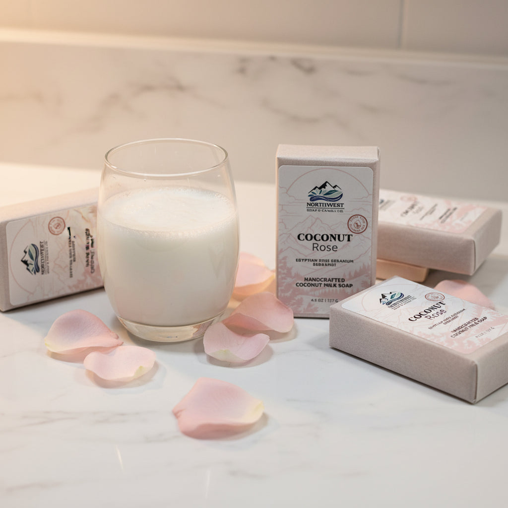 Two bars of Coconut Rose soap that are pale pink in color.