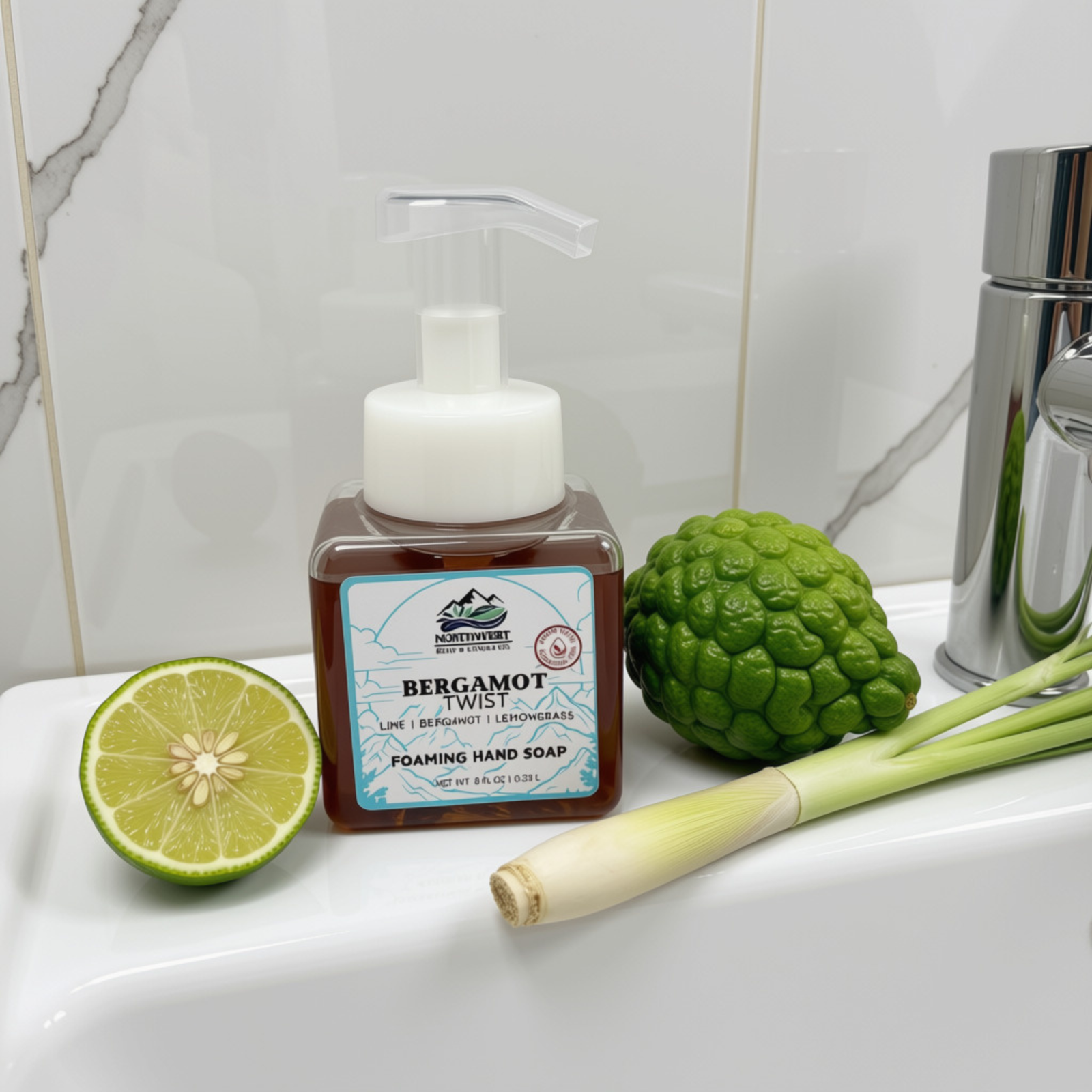 NW Soap Co Bergamot Twist foaming hand soap in a foamer bottle sitting next to sink with a wedge of lime, a bergamot, and lemongrass.