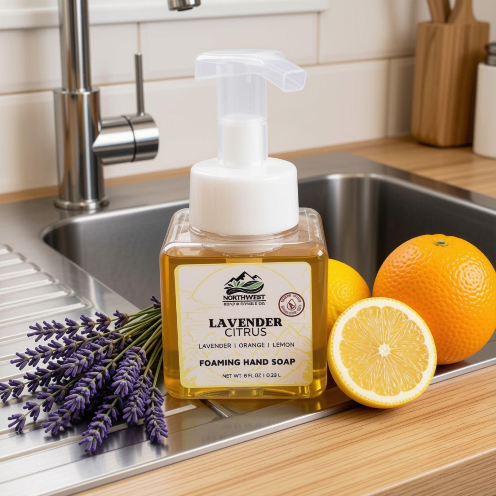 A bottle of Northwest Soap CoLavender Citrus Foaming Hand Soap sits on a kitchen sink counter, surrounded by fresh lemons, and orange, and purple lavender sprigs, with a stainless steel faucet in the background.