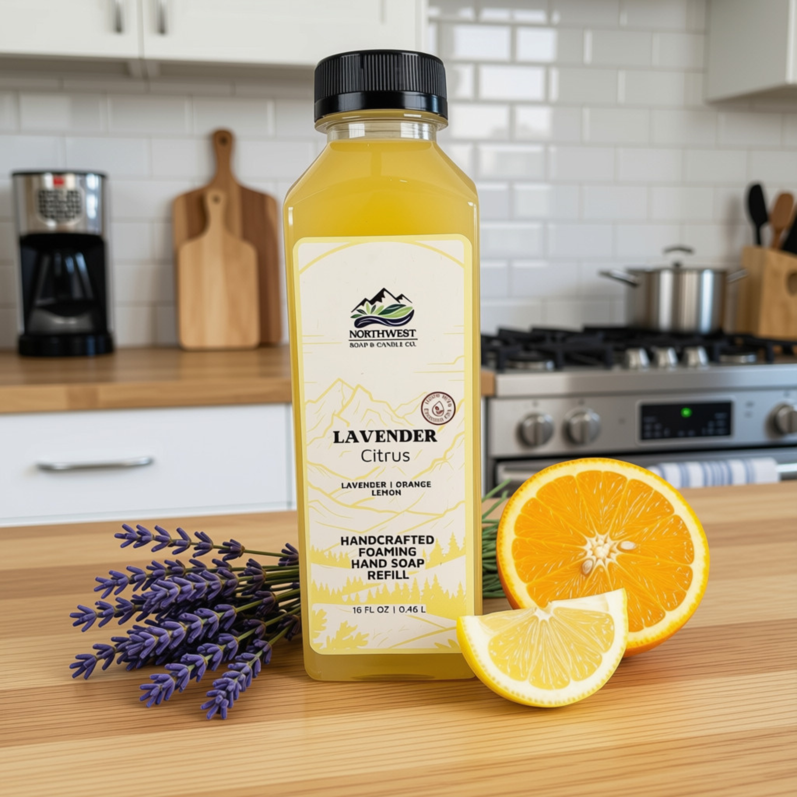 NW Soap Co Lavender Citrus Foaming Soap refill in square 16 oz bottle with black lid sitting on counter with lavender, lemon, and orange sitting next to it.