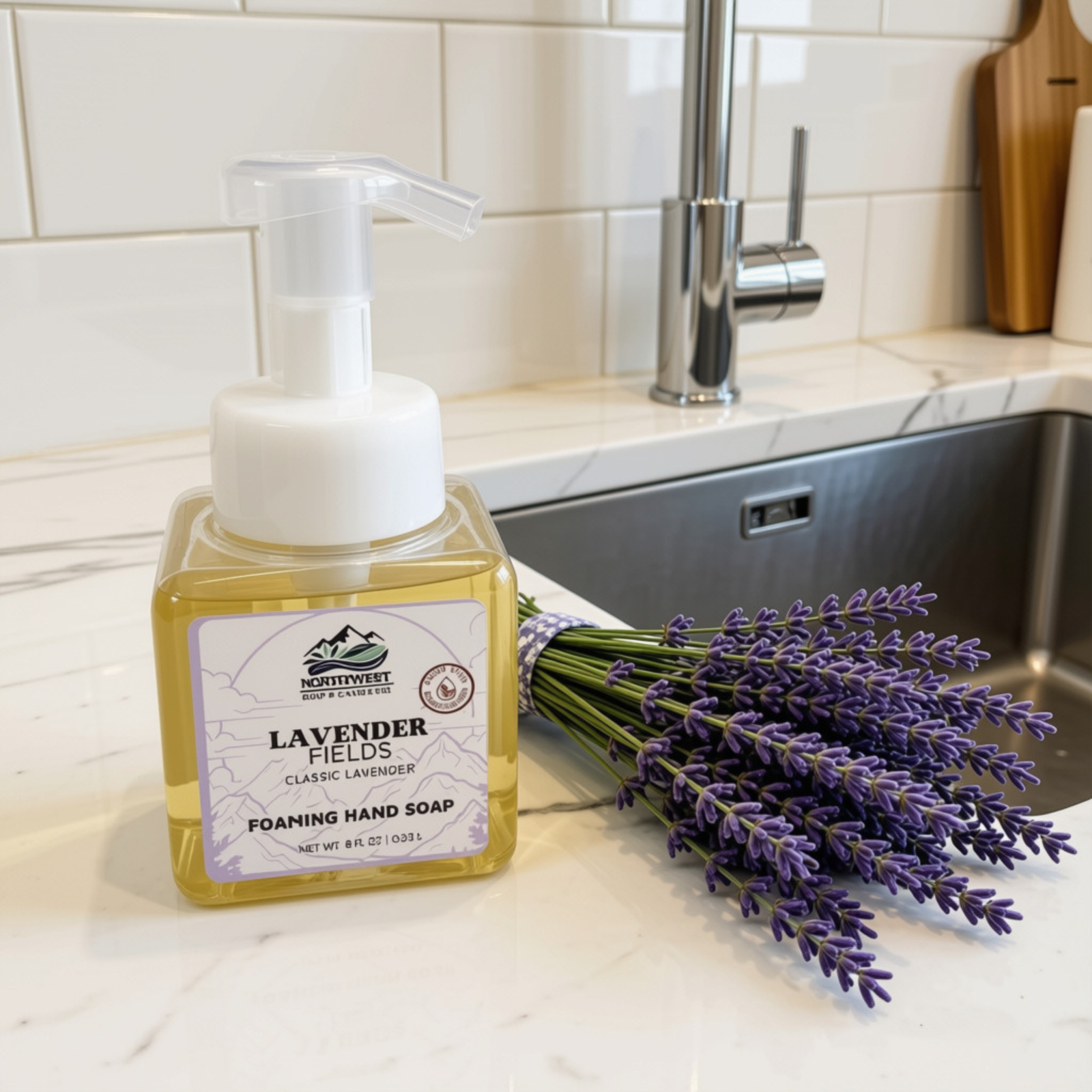 NW Soap Co bottle of Lavender Fields foaming hand soap in square bottle with foamer pump sitting next to sink with sprigs of lavender next to it.