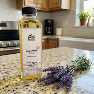 A bottle of Northwest Soap Co. Lavender Fields Classic Lavender handcrafted pomade refill sits on a granite kitchen counter next to a small bunch of fresh lavender flowers.