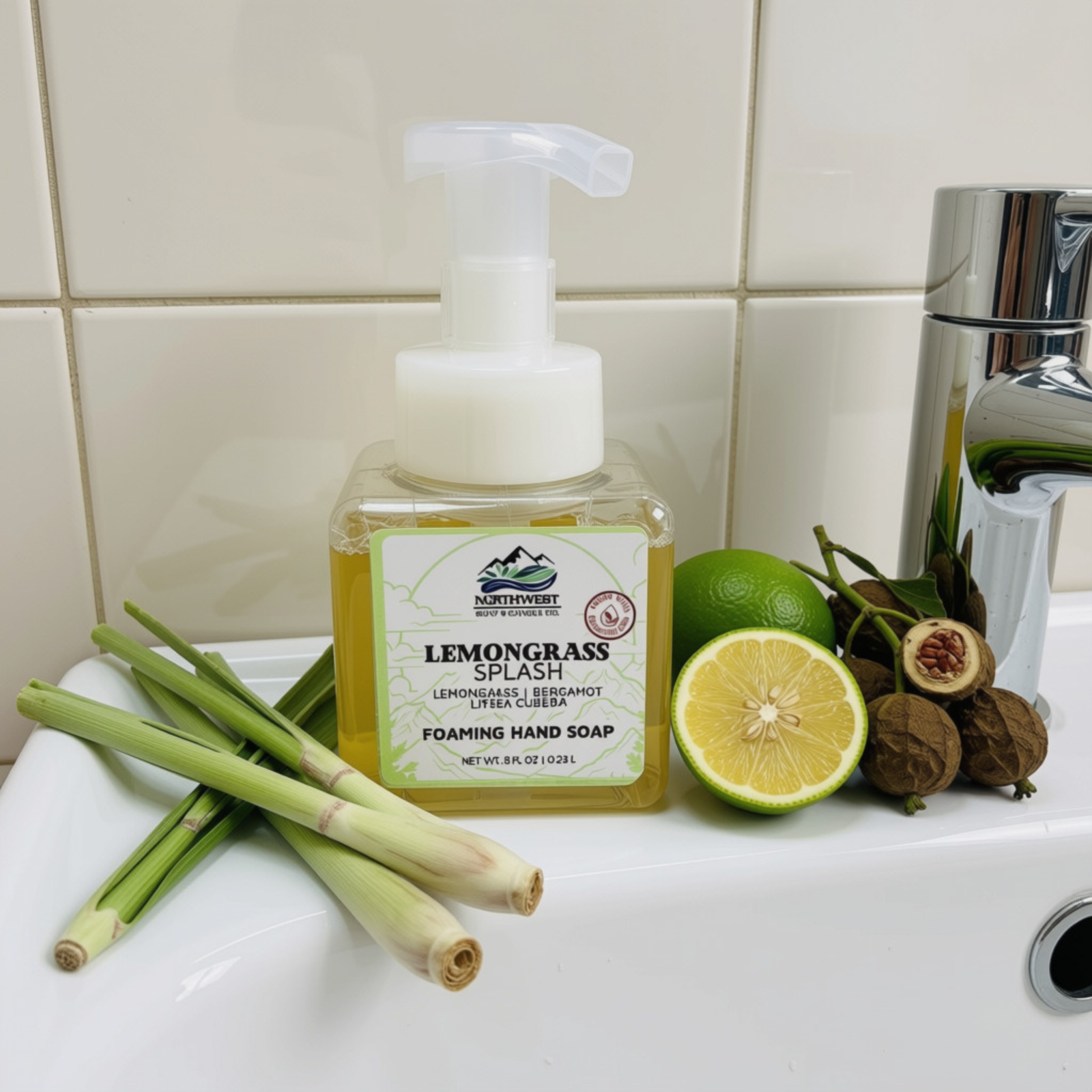NW Soap Co Lemongrass Splash foaming hand soap in a square bottle with foamer pump sitting next to sink with lemongrass, bergamot, and litsea cubeba sitting next to it.