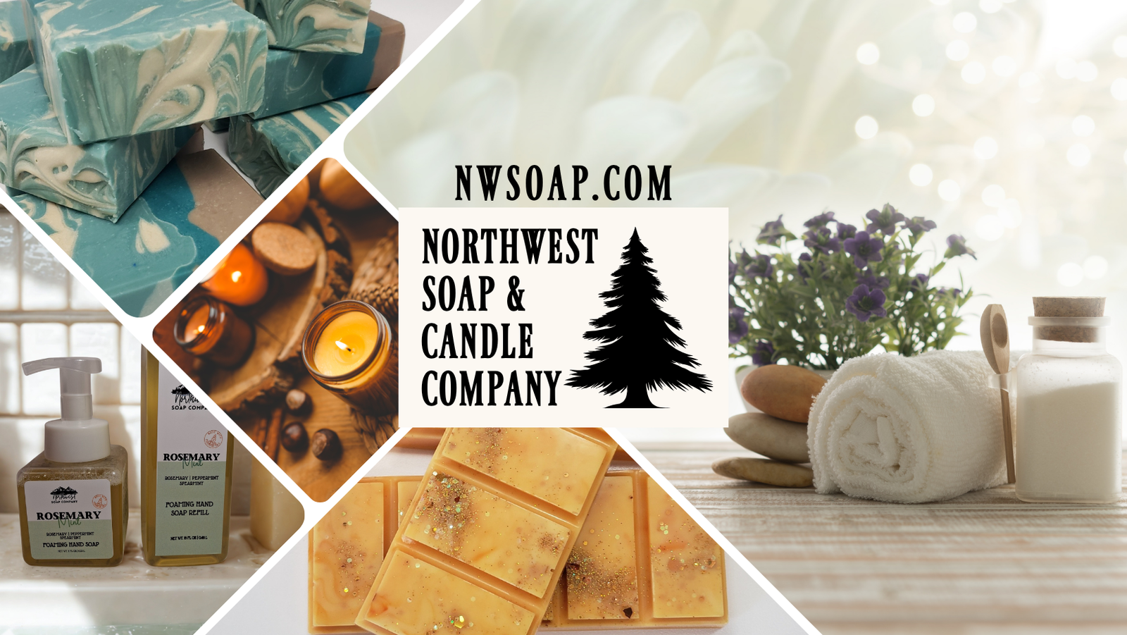 Collage of soap products with Northwest Soap & Candle Company branding.