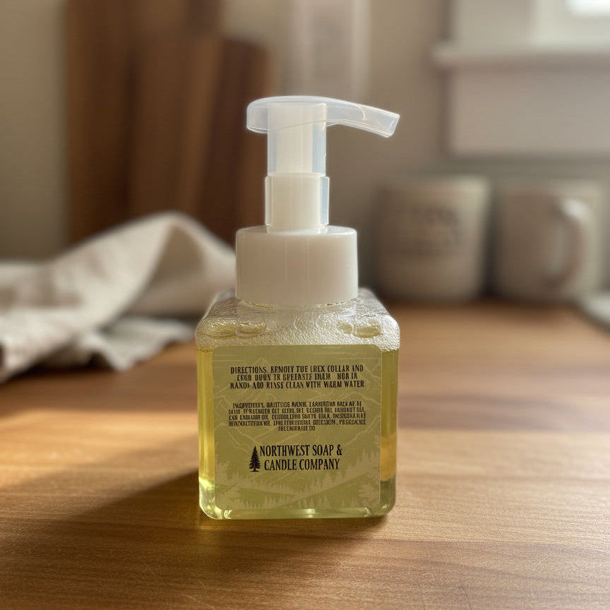 Bottle of soap with pump on a wooden surface, blurred background