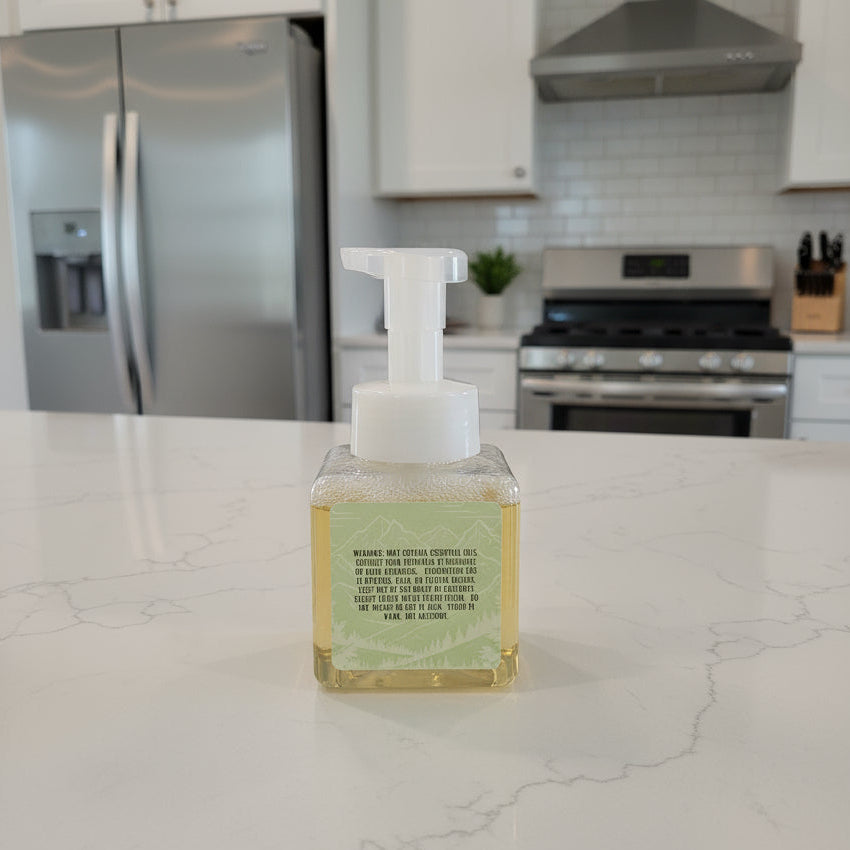 Bottle of hand soap with pump on a kitchen counter