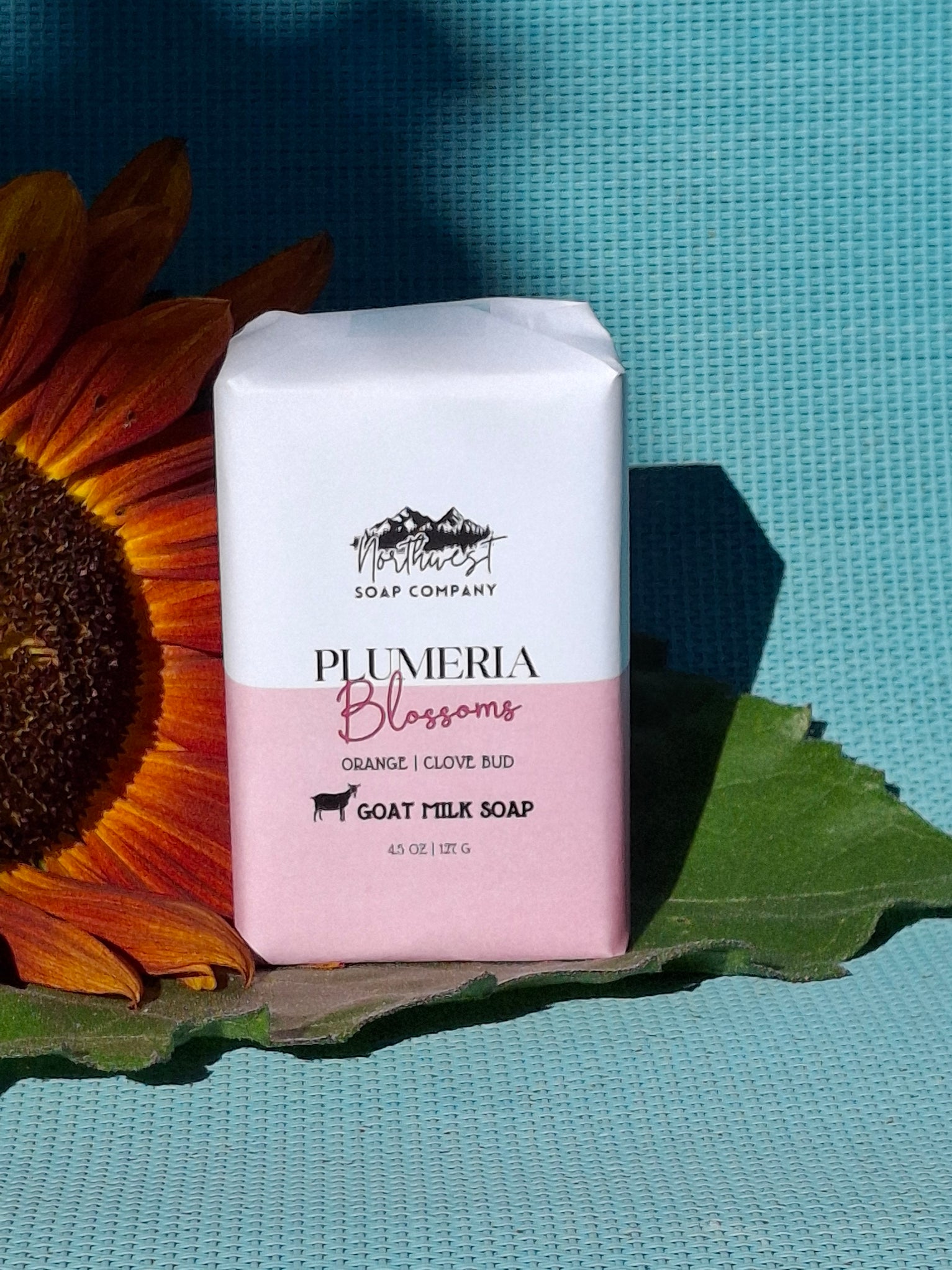 Teo unwrapped bars of Plumeria Blossoms body bar soap made by Northwest Soap Company. 