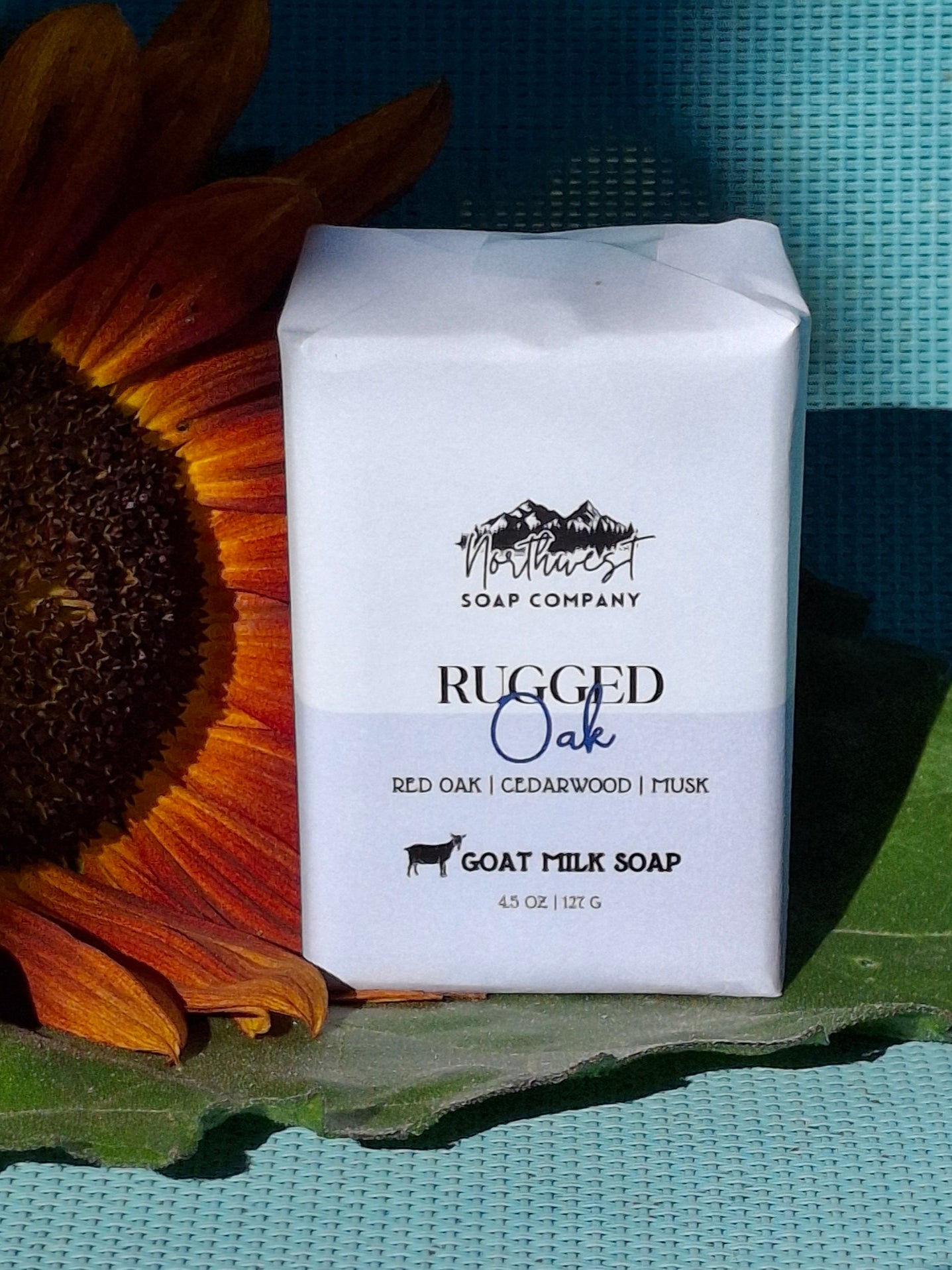 NW Soap Rugged Oak bars unwrapped in blues and grays.