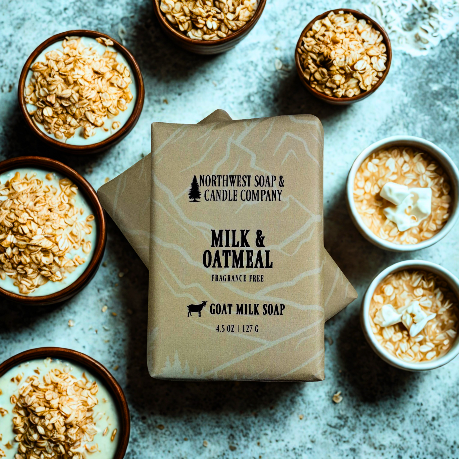 NW Soap Company Milk and Oatmeal goat milk soap bars unwrapped. 