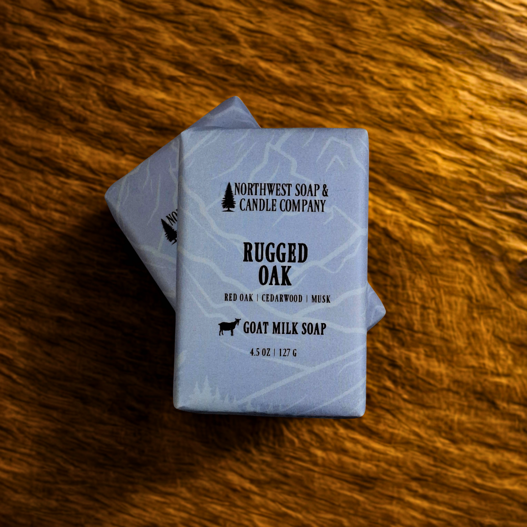 NW Soap Rugged Oak bars unwrapped in blues and grays.