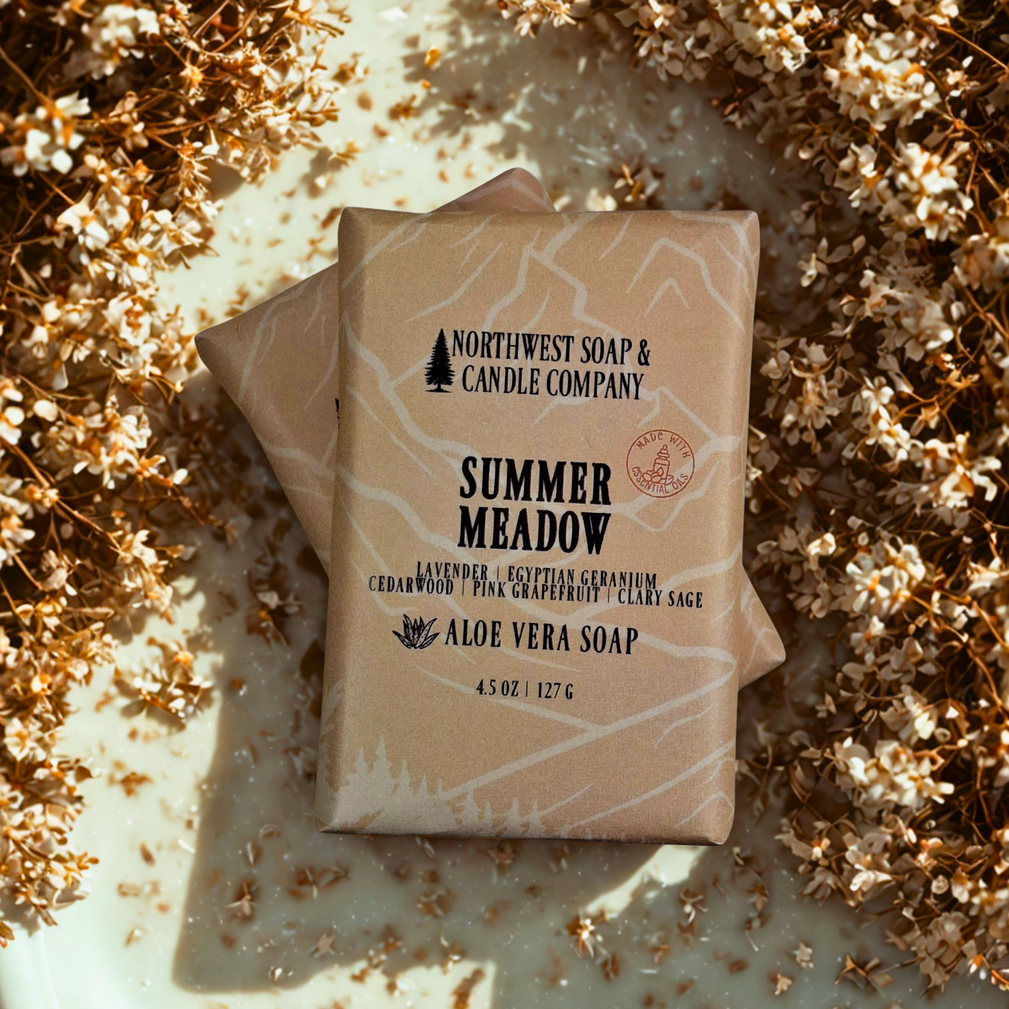 Two Summer Meadow Natural Body Bars unwrapped by Northwest Soap Company