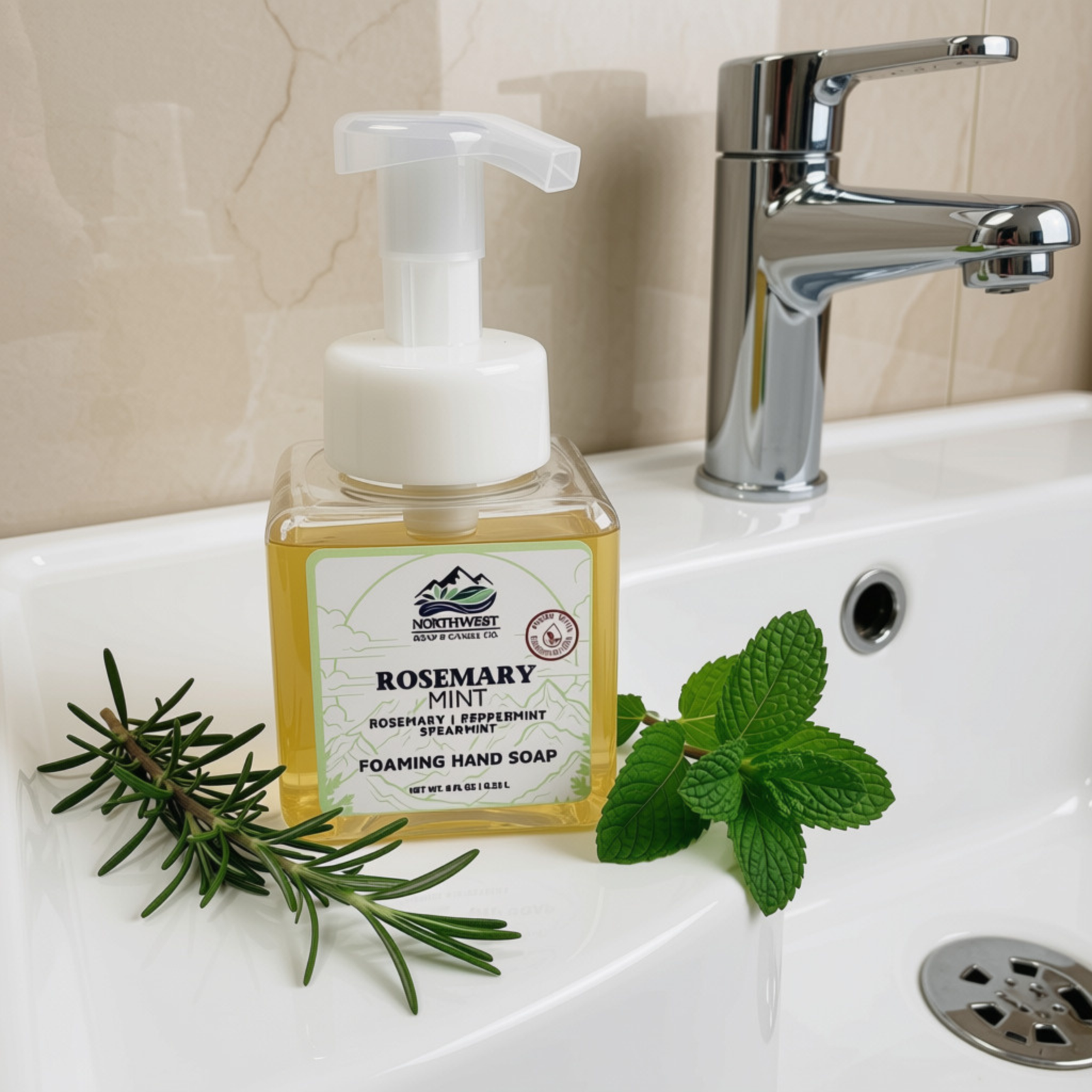NW Soap Co foaming hand soap "Rosemary Mint" in a square foamer bottle siting next to sink with sprig of rosemary and mint next to it.