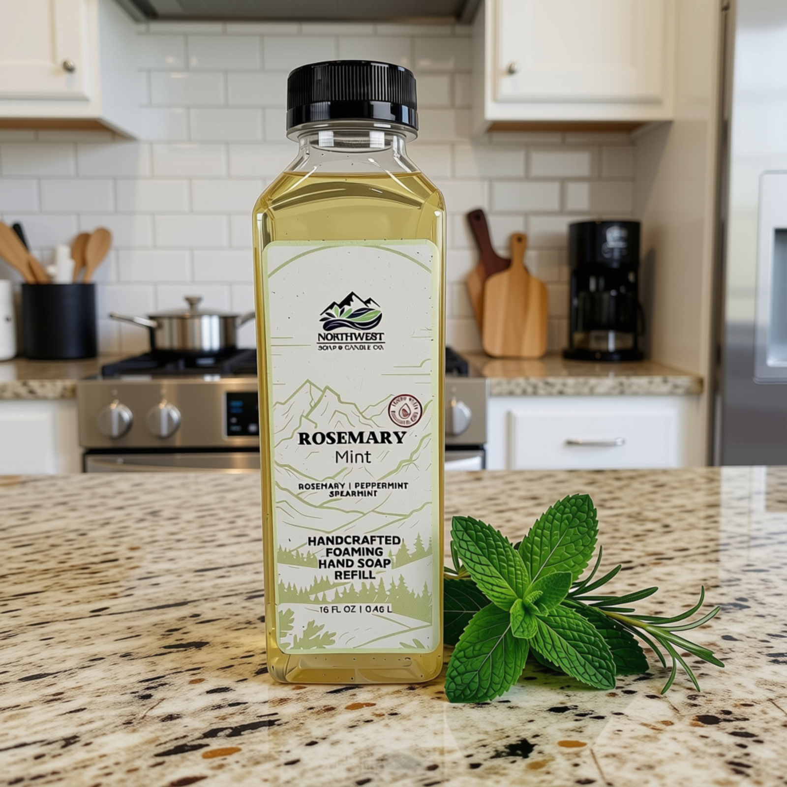 NW Soap Co Lavender Citrus Foaming Soap refill in square 16 oz bottle with black lid sitting on counter with lavender, lemon, and orange sitting next to it.