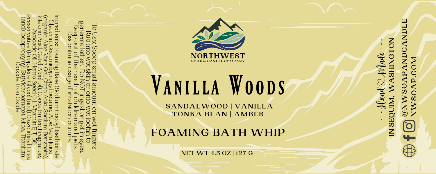 Label of Northwest Vanilla Woods Whipped Sugar Scrub with product details on a beige background