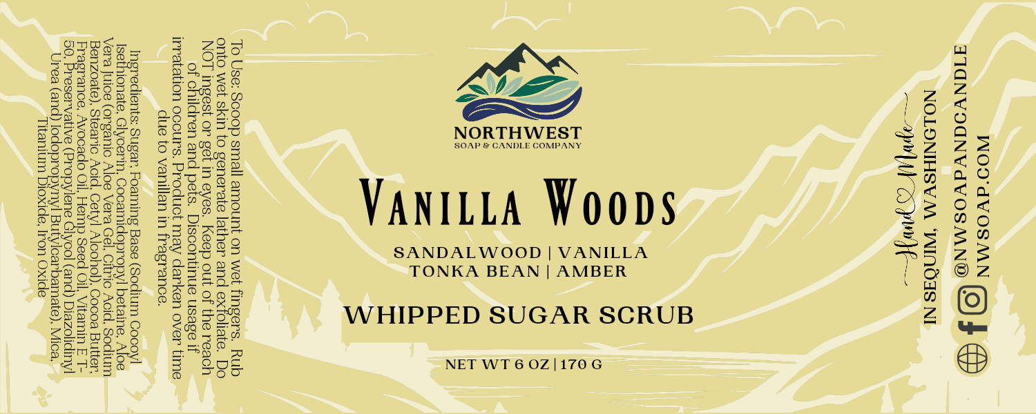 Label of Northwest Vanilla Woods Whipped Sugar Scrub with product details on a beige background