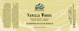 Label of Northwest Vanilla Woods Whipped Sugar Scrub with product details on a beige background