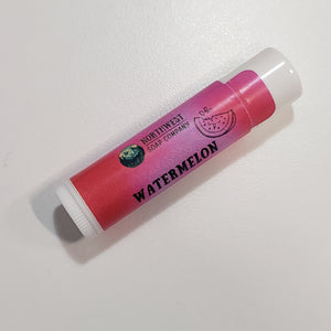 One tube of ourWatermelon lip butter with it's white lip balm tube and pink and purple label.