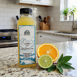 NW Soap Co lakeside foaming soap refill in square 16 oz bottle sitting on counter with orange, bergamot, and patchouli leaves next to it